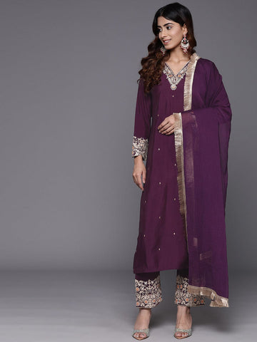 Varanga Women Purple Zari Embroidered Sequin Embellished Kurta  Paired With Bottom And Dupatta
